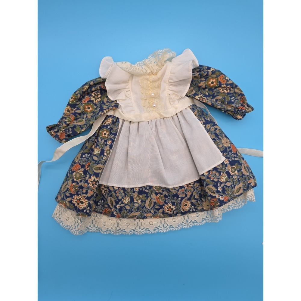 Vintage Handmade Doll Blue Floral Dress Apron Ruffles Lace Pearl Accent Ribbon